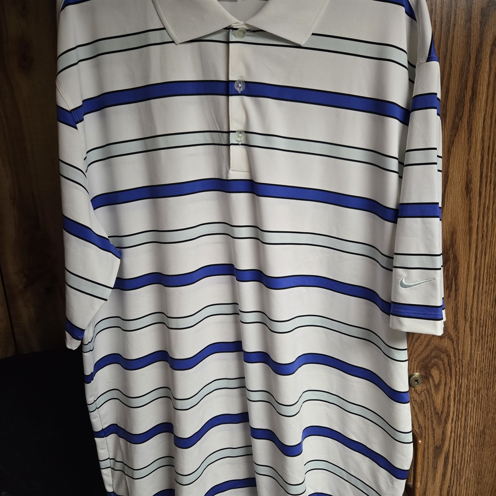 Nike Men's Blue and White Striped Polo Shirt